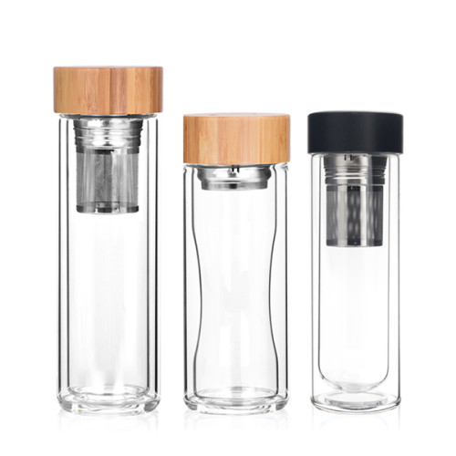 Hot Sale BPA Free Double Wall Insulate Bamboo Tea Coffee Bottle Bamboo Cover Glass Bottle For Sale