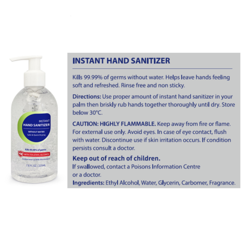 75% Alcohol 225ml 99.99% Germs-killing Instant Hand Sanitizer