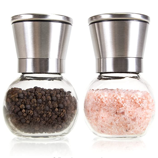 Stainless Steel Salt and Pepper Grinder Set Glass Round Body