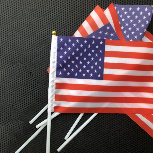 America flags custom polyester 14*21cm USA hand flag with 30cm plastic flagpole