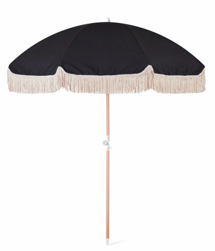 Outdoor UV protection white fringed garden beach umbrella with wooden pole cotton tassel and folding sling beach chair