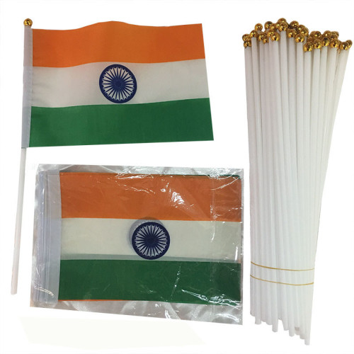 Wholesale Indian flag factory direct sales polyester plastic flagpole 14*21cm Indian hand flag