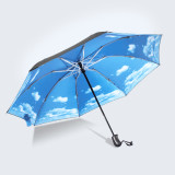 Popular sale double canopy inside blue sky printing 3 folding manual open umbrella