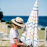 Factory Custom aluminum pole water melon summer tassel beach umbrella with drill