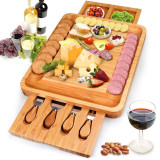 Square Wood Slide Out Drawer Platter Bamboo Slate Cheese Board With Cutlery Set