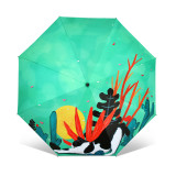 2018 New ideas 21 inches Lazy cat under the tree Wooden handle 3 folding Vinyl umbrella