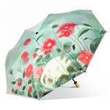 2018 New ideas 21 inches Lazy cat under the tree Wooden handle 3 folding Vinyl umbrella