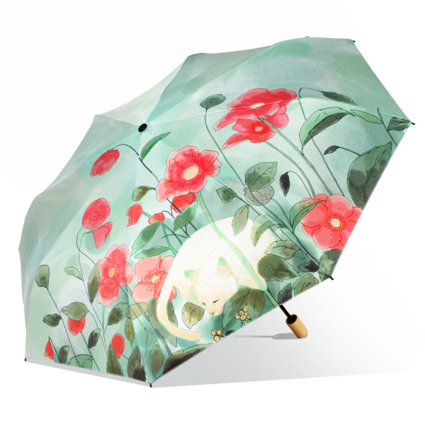 2018 New ideas 21 inches Lazy cat under the tree Wooden handle 3 folding Vinyl umbrella
