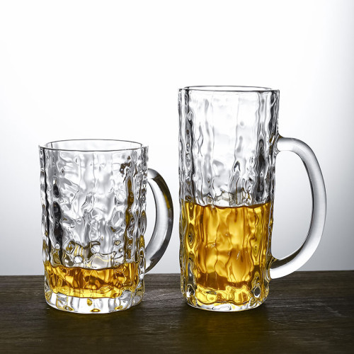 Wholesale 450ml bark pattern emboss straight beer glass mug with handle