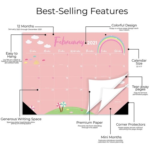Custom Pink Color Printed 2021 Monthly Wall Hang Tear Off Big Desktop Pad Calendar Planner