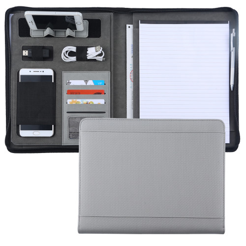 Grey Oxford Canvas Zipper Portfolio Padfolio A4 Size Ring Binder Document File Folder With Telephone Holder