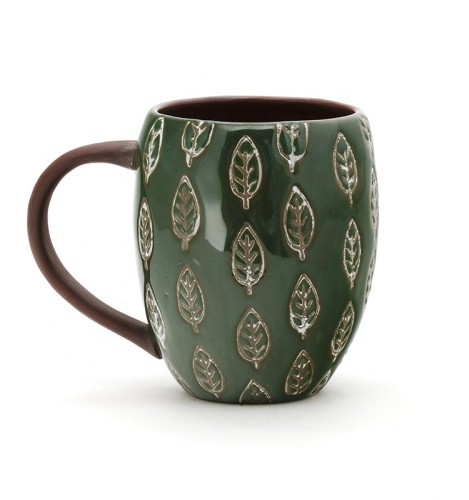 Round green and leaf pattern design glazed ceramic coffee mug cup for customized