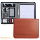 Fashion Leather Business Folder Portfolio Bag A4 Brown File Folder Organizer Full Zipper Closure Padfolio