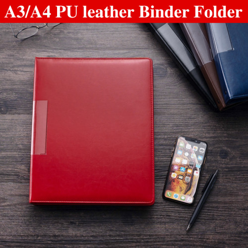 A3 Hardcover Black Blue PU File Foder Red Brown Leather 4 Ring Binder For A4 Size Documents