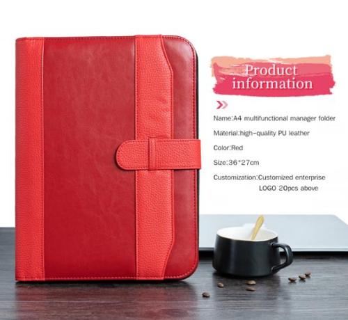 2021 Custom Red PU Leather Snap A4 Document folder Padfolio with calculator for Promotion Gift