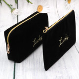 Suede Velvet Custom Pouch Beauty Makeup Bag Zipper Closure Travel Cosmetic Bag Black with Embroidery Logo