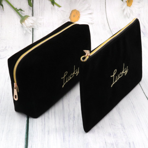 Suede Velvet Custom Pouch Beauty Makeup Bag Zipper Closure Travel Cosmetic Bag Black with Embroidery Logo