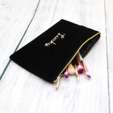 Suede Velvet Custom Pouch Beauty Makeup Bag Zipper Closure Travel Cosmetic Bag Black with Embroidery Logo