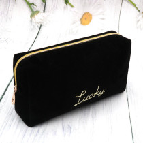 Suede Velvet Custom Pouch Beauty Makeup Bag Zipper Closure Travel Cosmetic Bag Black with Embroidery Logo