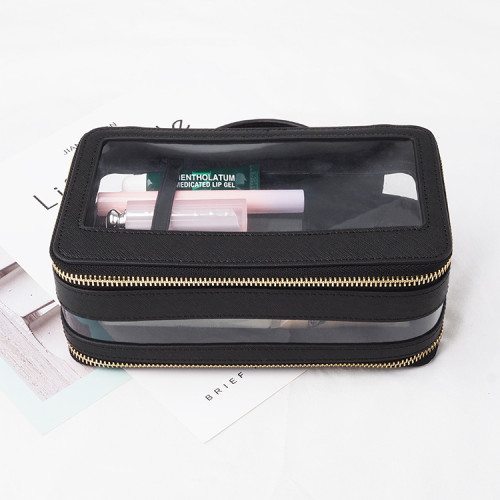 Custom Logo High Quality Black Colour PVC Pu Leather Makeup Bag Custom Travel Cosmetic Bag