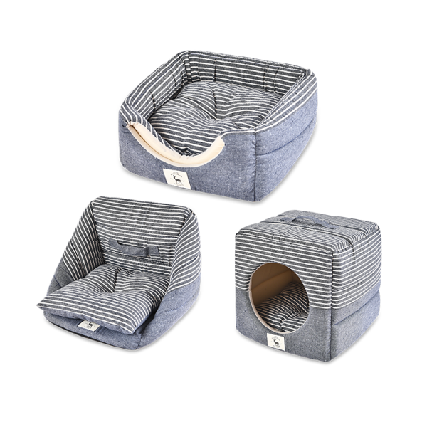 3 In 1 Jean Fabric Pet Square Cube House Stripe Design Cat Dog Bed Sofa