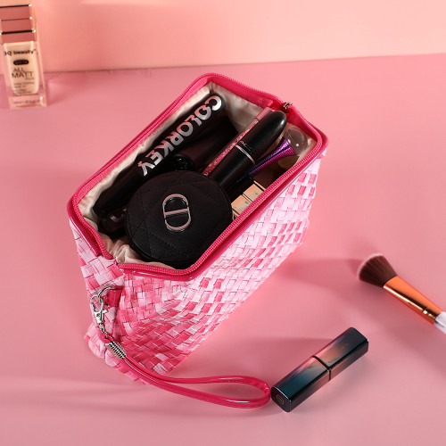 Hot sale Custom  high quality elegant weaven PU leather cosmetic bag small make up bags Eco friendly travel makeup pouch