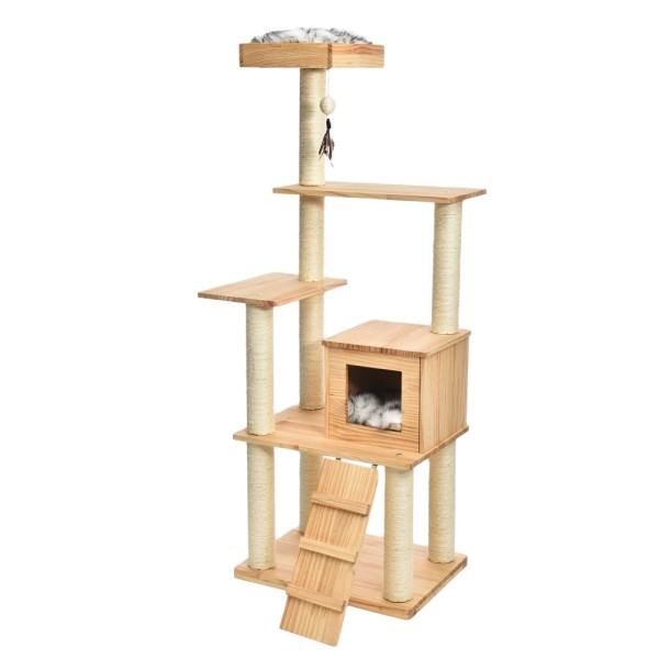Large Solid Wood Pet Tree 5 Levels Tall Sisal Scratching Post Hanging Toy Plush Mattress Cat Furniture