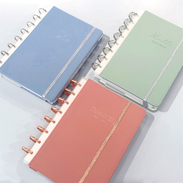 2022 Custom Printing Cute Happy Vintage Journal Organizer Diary Spiral Notebook A5 PU Leather Disc Bound Planner