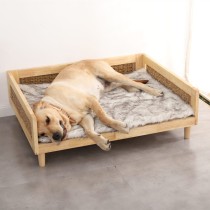 Pet Cozy Wooden Bed Breathable Cat Dog Furniture With Removable Long Fur Mat