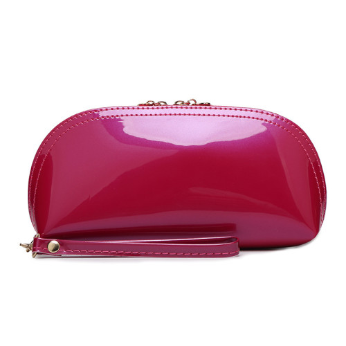 Wholesale High Quality Pure Color Shiny Paint Half Round Makeup Bag Handbag PU Leather Cosmetic Bag