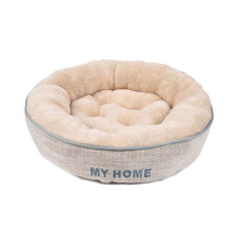 Pet Dog Beds Exquisite Embroidery Linen Round Faux Fur Dog Bed