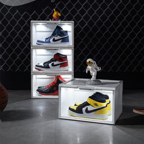 Clear Transparent Display Sound Control Stackable Acrylic Sneaker Side Open Magnetic Led Shoe Box Light