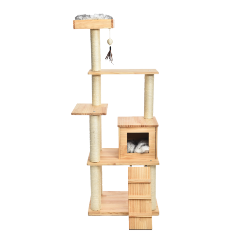 Large Solid Wood Pet Tree 5 Levels Tall Sisal Scratching Post Hanging Toy Plush Mattress Cat Furniture