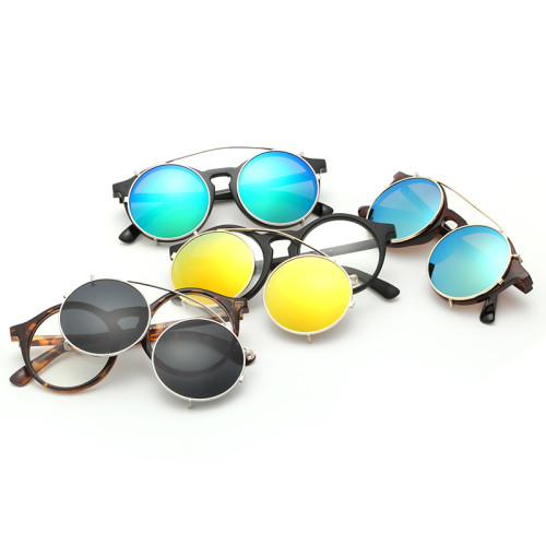 118001 Men Round Vintage Punk Flip to take off Sun Glasses 2017 Women Brand Designer Steampunk Clear Frame Clip On Sunglasses