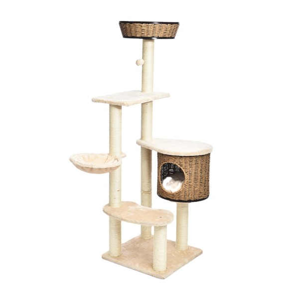 Multifunctional 4 Levels Large Tall Artificial Rattan Condo Pet Kitty Tree Plush Hammock Cat Furniture