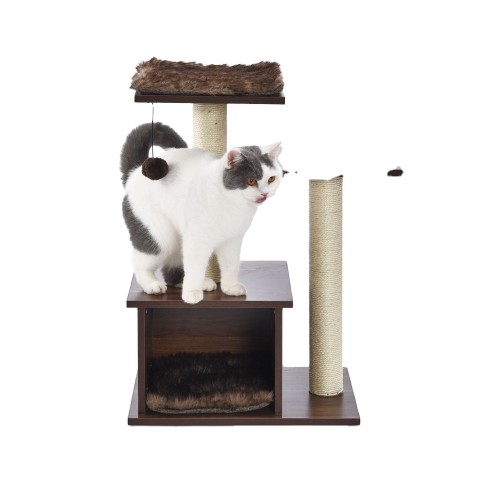Solid Wood 3 Layers Cat Jumper Sisal Post Cat Furniture With Hanging Ball & Faux Fur Cushion