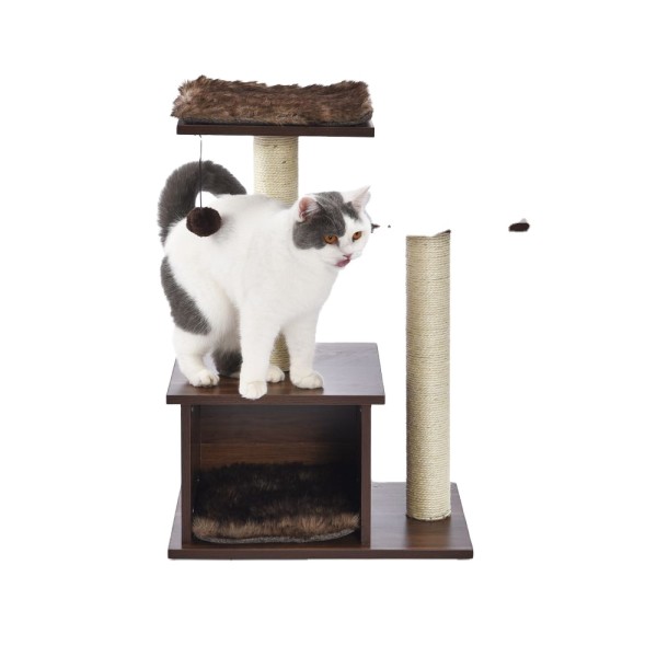 Solid Wood 3 Layers Cat Jumper Sisal Post Cat Furniture With Hanging Ball & Faux Fur Cushion