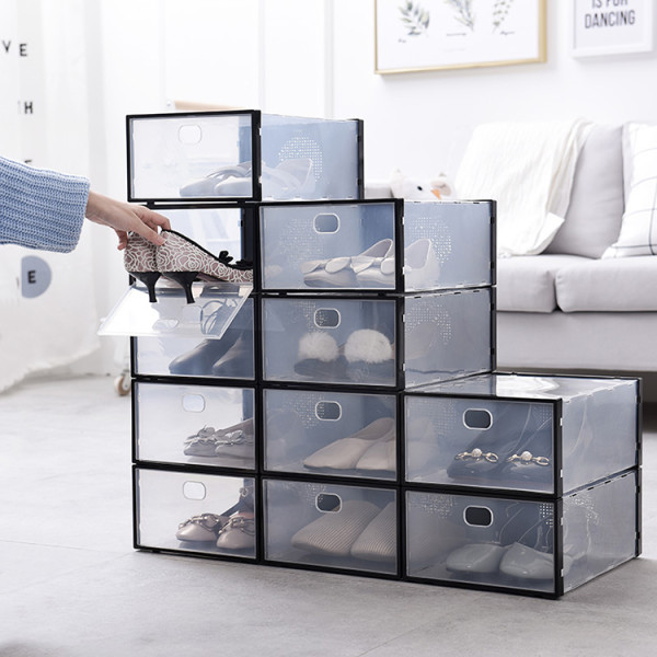 Popular New  Wholesale Custom Large Mens Clear Drop Front Door Open Stack Cabinet Storage Hard Plastic Plain Shoe Box Organizer