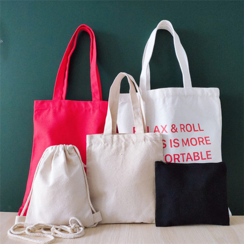 Custom Logo Design Reusable Foldable Cotton Canvas Drawstring Shopping Tote Bag Sets