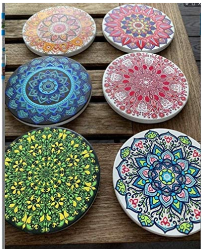 Colorful Coasters for Drinks with Holder,  Absorbent Coaster Sets of 6 Marble Ceramic Coaster with Cork Back for Home Decoration
