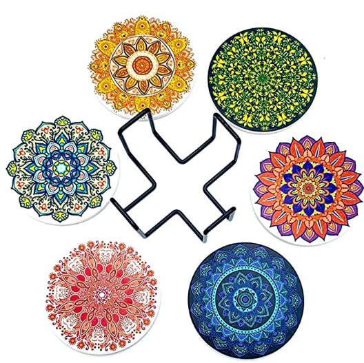 Colorful Coasters for Drinks with Holder,  Absorbent Coaster Sets of 6 Marble Ceramic Coaster with Cork Back for Home Decoration