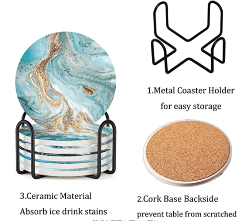Coasters for Drinks with Holder,  Absorbent Coaster Sets of 6 Marble Ceramic Coaster with Cork Back for Home Decoration