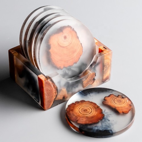 Japanese resin tea cup mat creative kungfu tea solid wood Flower Crystal Epoxy Resin Coaster Set Wood Resin Coaster