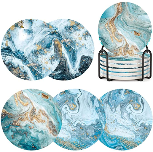 Coasters for Drinks with Holder,  Absorbent Coaster Sets of 6 Marble Ceramic Coaster with Cork Back for Home Decoration