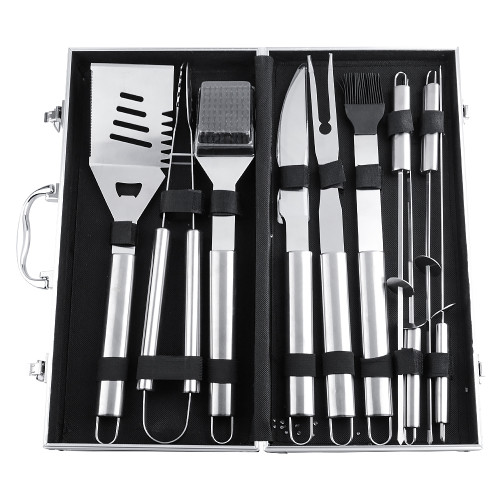 Hot selling AL-K003 10-Piece BBQ Stainless Steel Barbecue Grilling tool set with Aluminium Case