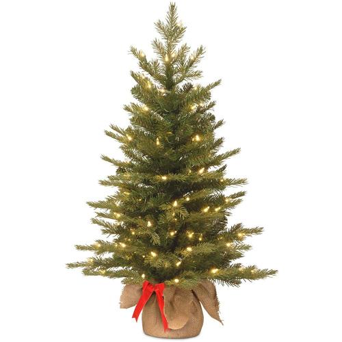 Mini tree 3 ft Nordic Spruce Tree with 50 Warm White Battery Operated LED Lights with Timer in Burlap