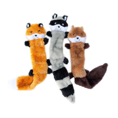 Skinny No Stuffing Squeaky Plush Dog Toy, Fox, Raccoon, and Squirrel - Large