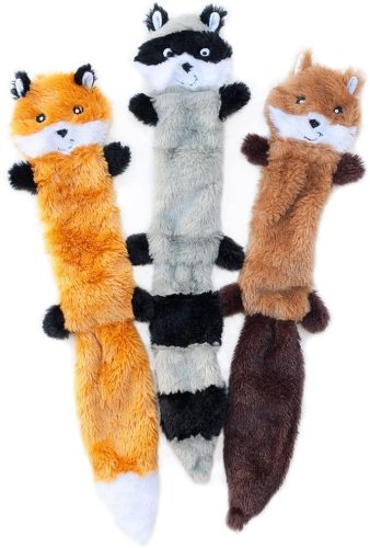 Skinny No Stuffing Squeaky Plush Dog Toy, Fox, Raccoon, and Squirrel - Large