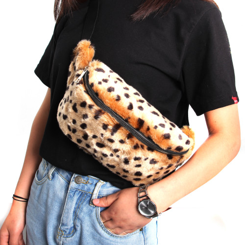custom logo sport plush Women running Leopard Belt Waist Bag Girls Soft Fur Fanny Pack