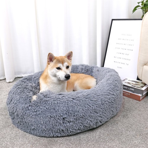 Long Faux Fur Fabric Dog Bed Comfortable Donut round dog bed super soft washable pet cushion bed